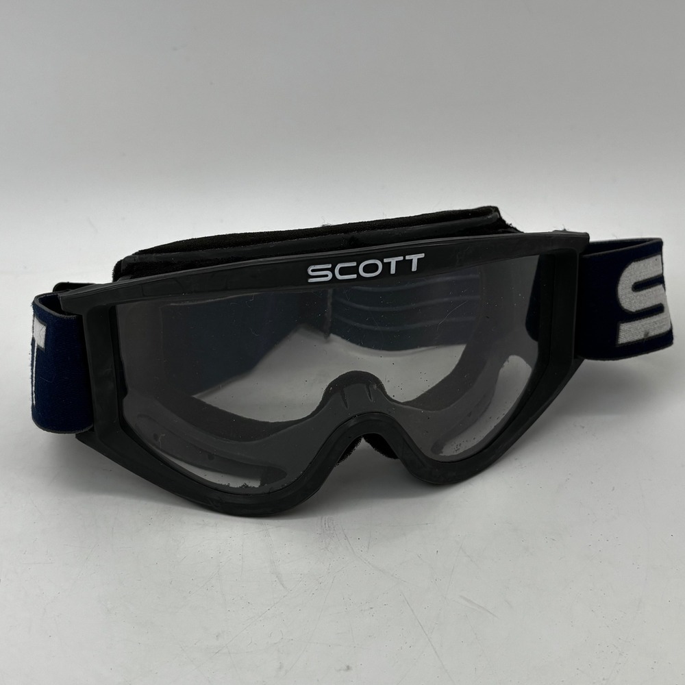 Scott Vintage Motocross Ski Goggles Black Clear Lens Navy Blue Strap